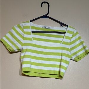 Zara Lime Green and White Striped Crop Top